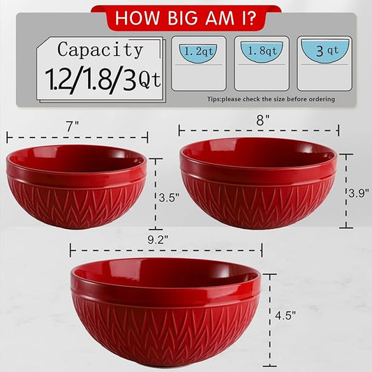 AVLA Porcelain Mixing Bowls for Kitchen, 3/1.8/1.2 Qt Ceramic Large Serving Salad Soup Bowl Set, Deep Nesting Bowl for Space Saving, 3-Piece Set, Microwave and Dishwasher Safe, Red