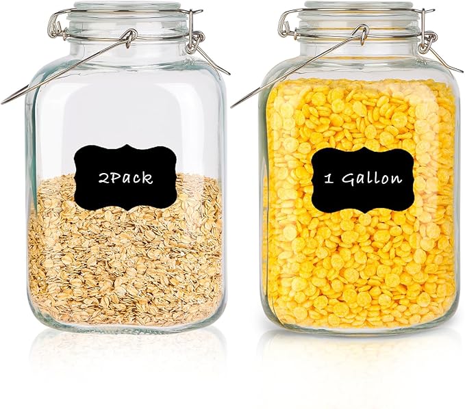1 Gallon Glass Jar with Lid, 128oz Glass Jars with Airtight Lid Set of 2, Square Mason Jars, Large Storage Containers with Handle for Canning, Pasta, Flour, Sugar, Rice, Coffee Beans, Cereal