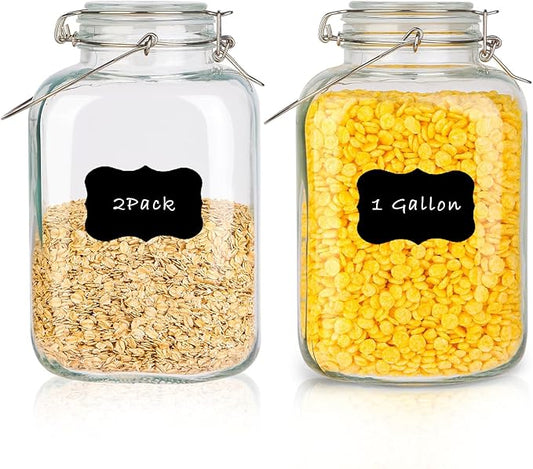1 Gallon Glass Jar with Lid, 128oz Glass Jars with Airtight Lid Set of 2, Square Mason Jars, Large Storage Containers with Handle for Canning, Pasta, Flour, Sugar, Rice, Coffee Beans, Cereal