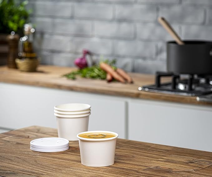 GUSTO [8 oz. - 50 Count White Paper Food Containers with Vented Lids - To Go Hot Soup Bowls, Disposable Ice Cream Cups, Ideal for Hot and Cold Foods - (Formerly Comfy Package)