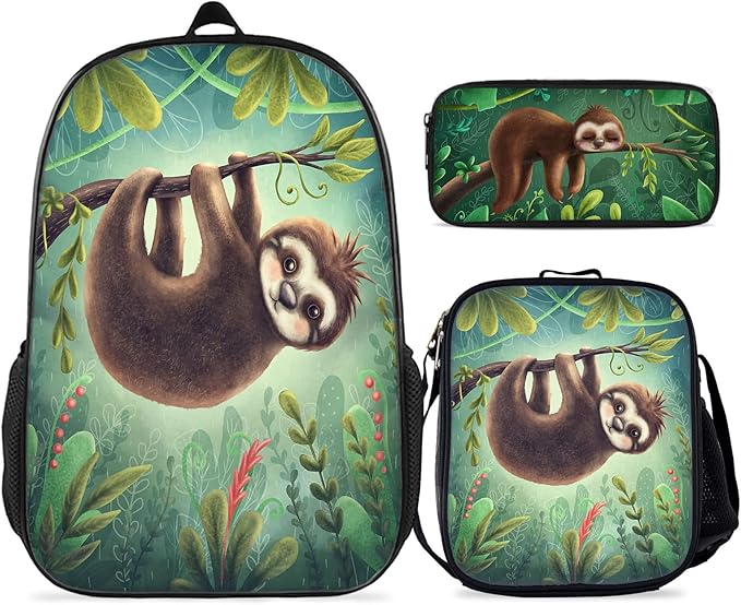 Sloth Backpack, Sloths Backpack Bundle 3 Pieces for Teens, Boys and Girls Sloth Backpack, Butterfly Insulated Lunch Bag and Butterfly Pencil Case Perfect for School and Everyday Use.