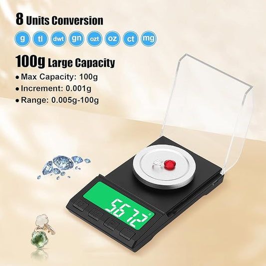 Portable Milligram Scale 100g/0.001g, Diyife Rechargeable Gram Scale with 8 Units, High Precision Powder Scale with Cover, Backlit LCD, Batteries/Tray/Tweezers/100g Calibration Weight Included