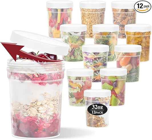 32 oz -12 Pack Reusable Food Freezer Storage Containers with Lids BPA Free, Twist Top Deli Container, Leak Proof, Stackable, Microwave and Dishwasher Safe-Elegant White