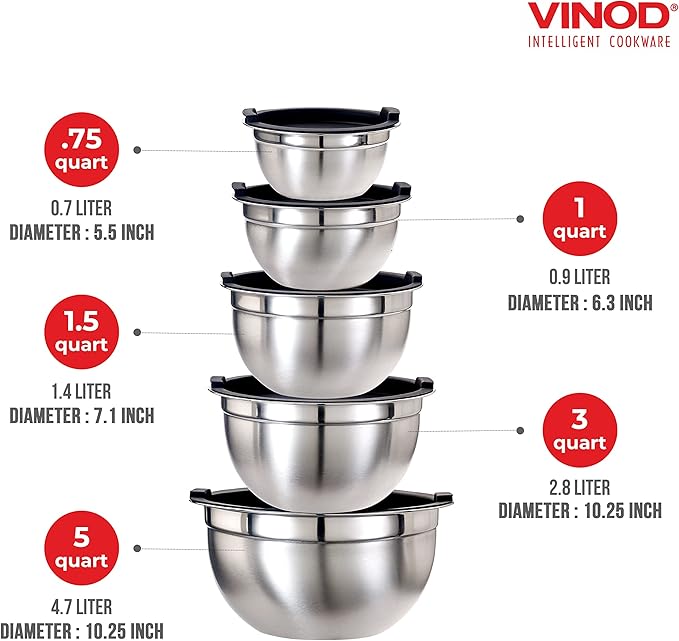 Vinod Cookware Heavy Duty Flat Bottom Stainless Steel Mixing Bowls with Lids, Measuring Cups, Measuring Spoons, Spatula & Stainless Whisk - Bowls for Meal Prep, Cooking, Mixing & Serving - Set of 5