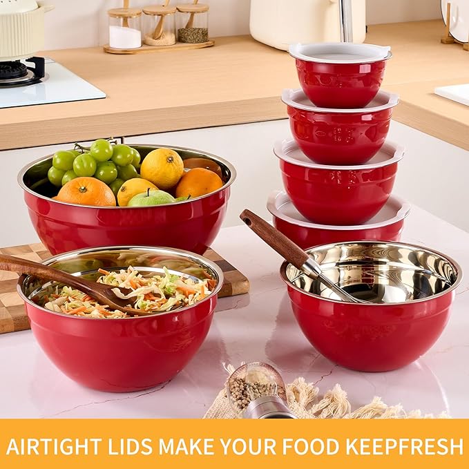 Red Mixing Bowls with Airtight Lids, Stainless Steel Nesting Mixing Bowls Set of 7, Ideal for Baking, Prepping and Serving Food, Size 7, 3.6, 2.7, 2.1, 1.5, 1.1,0.8 QT, Stackable Design