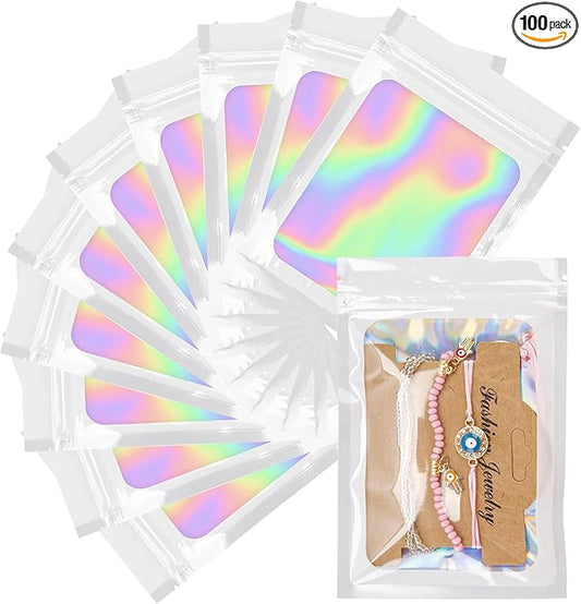 100 Pcs Holographic Bags White Packaging Bags Mylar Bags with Clear Window for Food Storage Resealable Bags Small Business (4×6Inch)