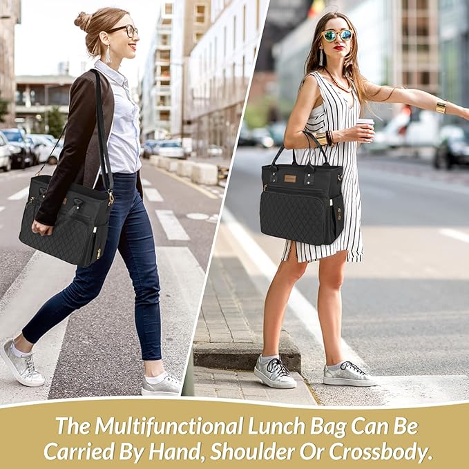 Large Insulated Lunch Bag for Work, Women's Nylon Thermal Lunch Box, Leakproof Cooler Tote Bag with Storage Pocket (Black)
