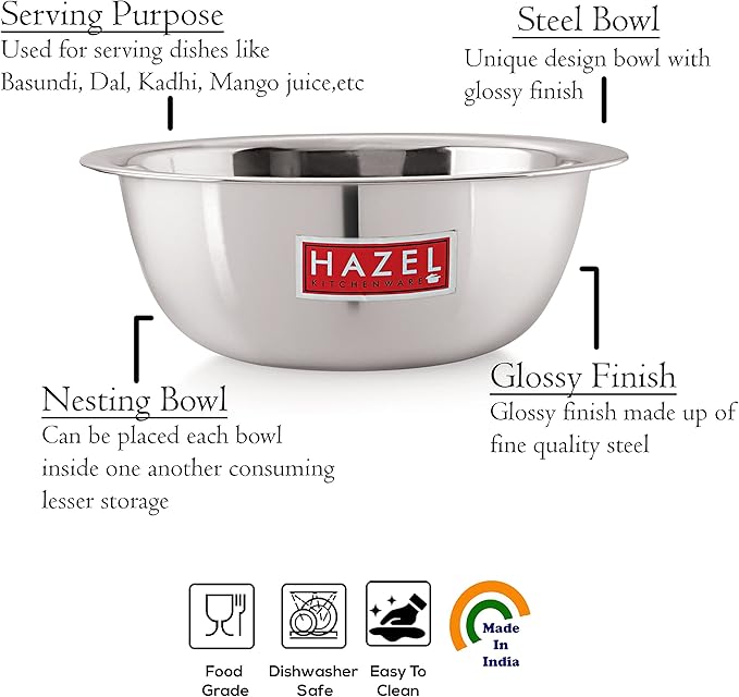 HAZEL Stainless Steel Mixing Bowl | Mixing Bowl for Cake Batter | Kitchen and Baking Accessories Items, Set of 2, 1100 ML, 1500 ML