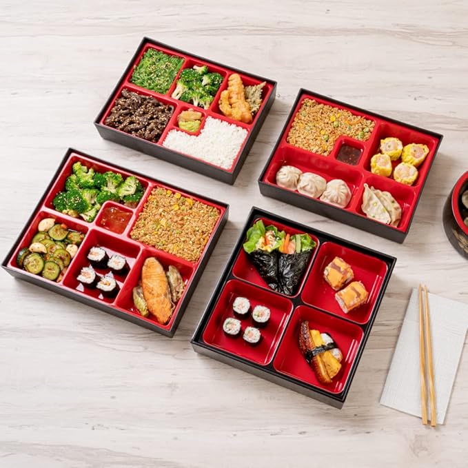Restaurantware-10 x 2.4 Inch Compartment Lunch Container, 1 Japanese Style Adult Lunch Container - With 4 Compartments, Greaseproof, Black & Red Plastic Divided Lunch Box, For Hot & Cold Food