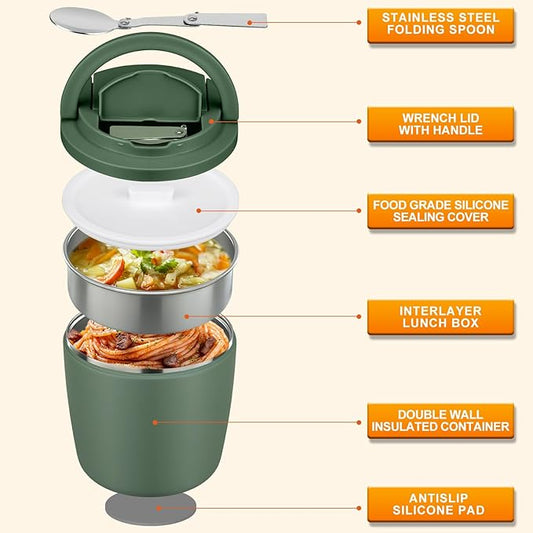 MAXSO Lunch Container 40 oz for Adults Stainless Steel Vacuum Insulated Food Jar, Soup Thermo for Hot Food Thermal Bento Box, Wide Mouth Leakproof Buckle Lid with Spoon - Green
