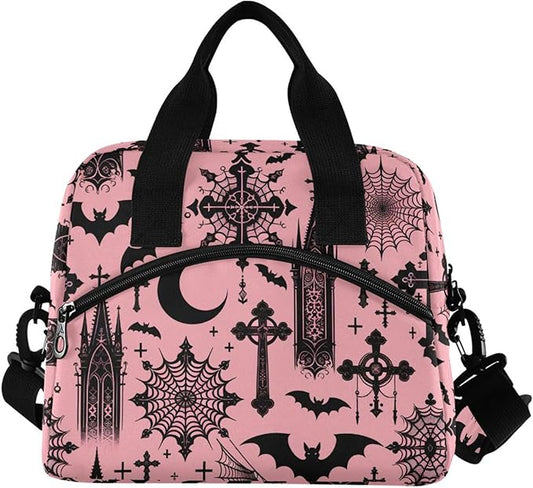 MNSRUU Insulated Lunch Bag Black Gothic Moon Spider Webs and Bats Women Men Fabric Dinner Tote Cooler Bag Reusable Leakproof Lunch Box with Adjustable Shoulder Handles Strap For Work School