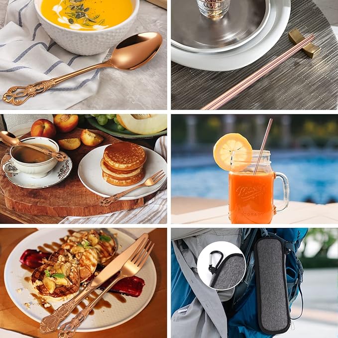 AARAINBOW 7 Pieces Stainless Steel Flatware Set Portable Reusable Cutlery Set Travel Utensils Set Including Chopsticks Knife Fork Spoon Straws Cleaning Brush Dishwasher Safe (G-Rose Golden)
