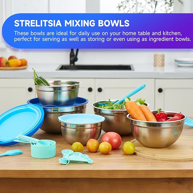 Mixing Bowls Set of 5,Stainless steel Nesting Bowls with Airtight Lids,Size 5, 4, 3.5, 2, 1.5QT for Baking,Cooking,Prepping and Saving Food (BLUE, 25PCS)