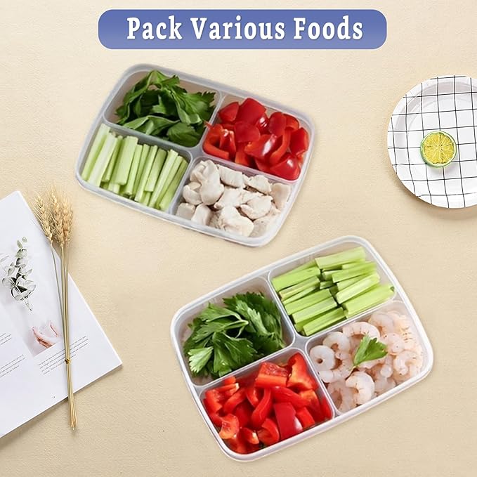 8 Pcs 4 Compartment Food Storage Containers with Lids, BPA-Free Divided Serving Tray Container Reusable, Plastic Freezer Storage Containers for Storing Fruits, Vegetables, Meat