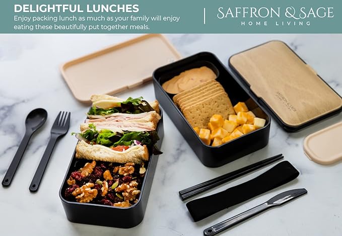 Saffron & Sage Bento Lunch Box - 42oz Black Japanese style Bento Box for Adults or Kids with Cutlery, Chopsticks, Sauce Container and Bento Bag - Leak proof, Dishwasher, Freezer, Microwave safe