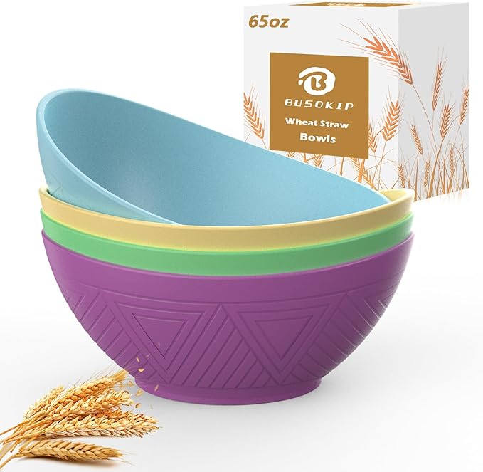 65 oz Large Wheat Straw Bowls Set of 4, Large Unbreakable Salad Bowls, Microwave & Dishwasher Safe Serving Bowls, Kitchen Bowls for Salad, Cereal, Soup and Oatmeal (Spring Series)