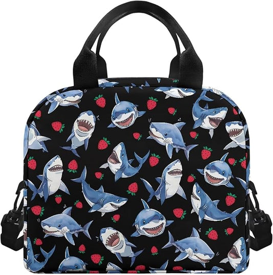 Showudesigns Strawberry Shark Lunch Bag for Women Lunch Box Containers Reusable Lunch Tote Bags for Girls Kids Food Cooler Bag With Front Zipper Pockets Thermal Meal Tote Kit Blue