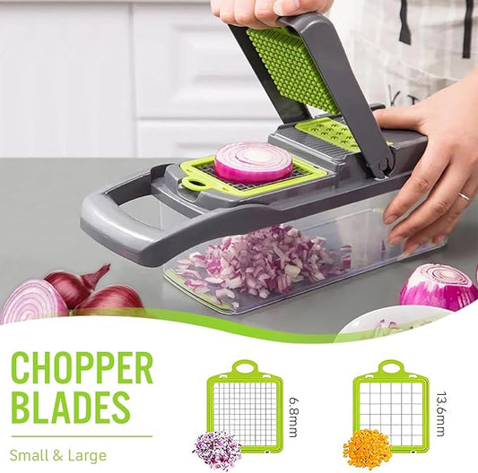 12 in 1 multifunctional Chopper with container, x Blade Vegetable chopper, Egg slicer, Onion Mincer, Cheese slicer, Dicer, Cutter, French fry cutter, Normal, green and gray
