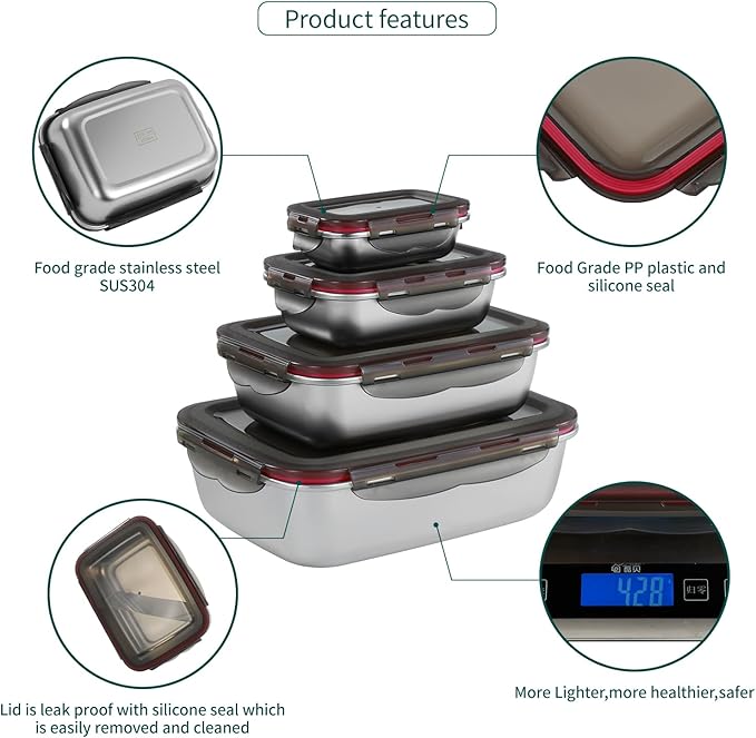 4PCS Stainless steel Food Storage Container with lids - Leakproof & Airtight for Kitchen,Meal Prep Lunch Box, Stackable Leftover Containers for Freezer Oven Safe 220ml/600ml/1500ml/2900ml