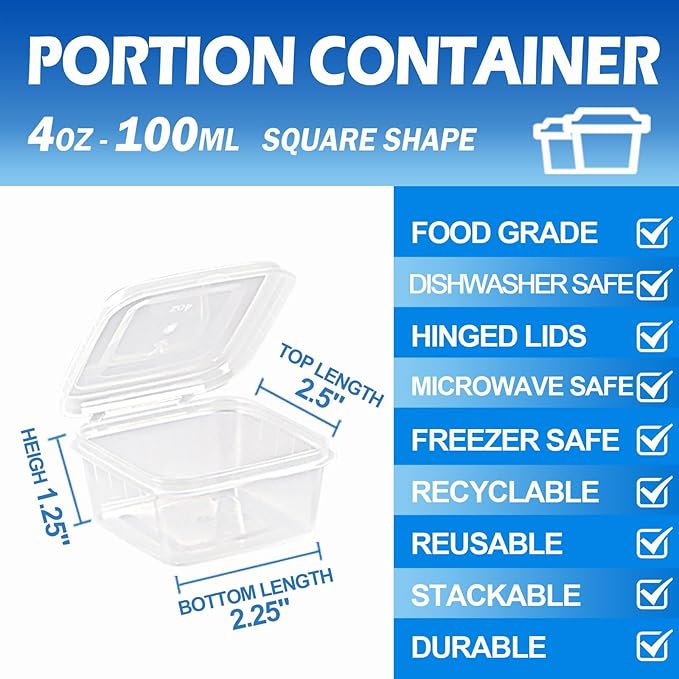 4 oz Plastic Containers with Lids(200 Pack)，Condiment Containers with Lids, Portion Cups, Jello Shot Souffle Sauce Cups (Square)
