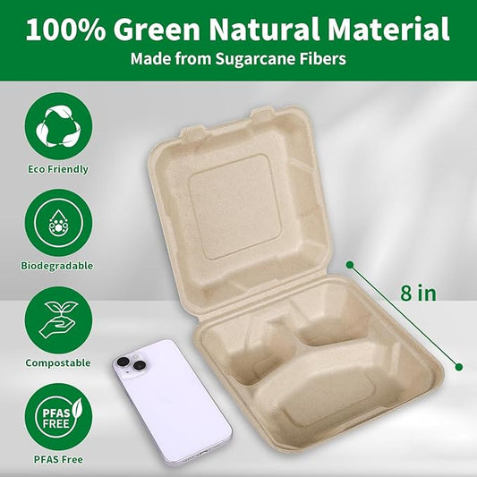 Aricsen Compostable 50 Pack 8x8 Inch 3 Compartment Takeout Lunch Box Containers with Lid, To Go Take Out Clamshell for Food, Disposable Eco-Friendly Biodegradable Bagasse, PFAS-Free, Unbleached Brown