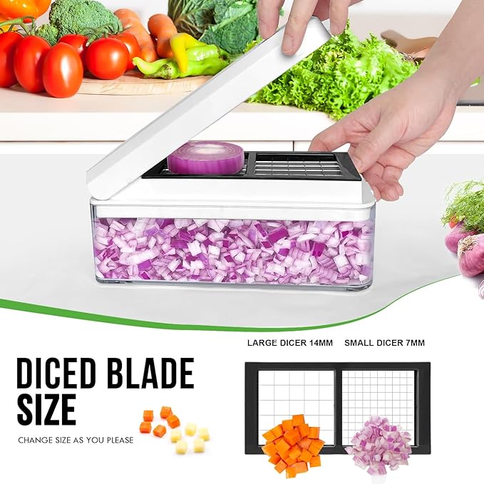 Vegetable Chopper, Onion Chopper Dicer, Mandoline Slicer, Food Chopper with Container, Vegetable Cutter for Salad Potato Carrot Garlic（2 Blades, White Black）