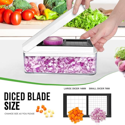 Vegetable Chopper, Onion Chopper Dicer, Mandoline Slicer, Food Chopper with Container, Vegetable Cutter for Salad Potato Carrot Garlic（2 Blades, White Black）