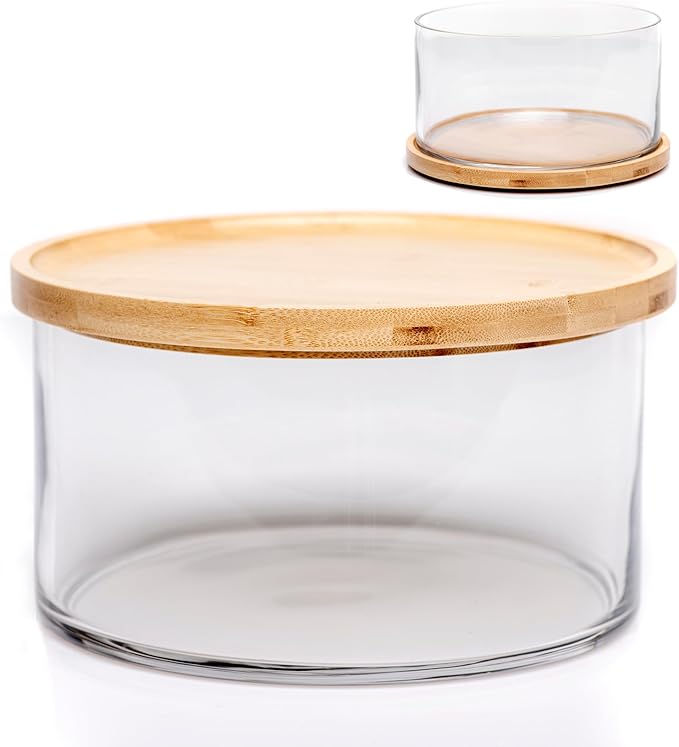 25DOL XXL 125 Ounces Clear Glass Salad Bowl Dish【Hand Blown】 Dual Function Bamboo Lid - Extra Large Mixing Bowl for Salads, Dessert, Fruit, Punch - Centerpiece Large Serving Bowls for Entertaining