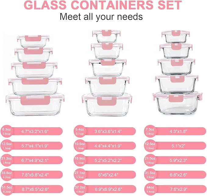 30 Pieces Glass Food Storage Containers Set, Glass Meal Prep Containers Set with Snap Locking Lids, Airtight Glass lunch Containers, Microwave, Oven, Freezer & Dishwasher,Pink