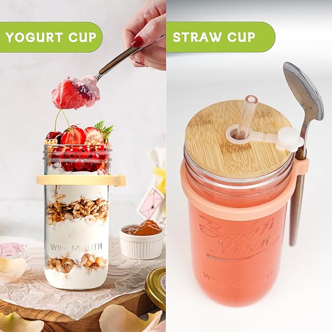 ANOTION Overnight Oats Containers with Lids and Spoons - 4 Pack Mason Jars 24 oz with Lids and Straws - Airtight Glass Meal Prep Containers for Oats Overnight, To Go Yogurt Oatmeal Cereal Pudding Cups