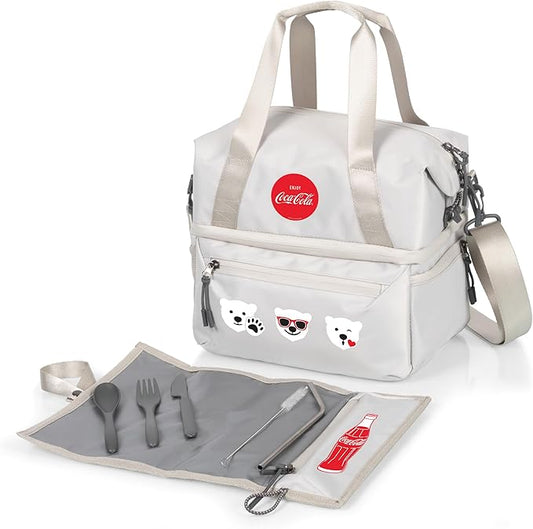 PICNIC TIME Coca-Cola Tarana Lunch Bag Cooler with Utensils Made from Recycled Material, Lunch Box with Picnic Set, Upcycled Lunch Cooler Bag, (Halo Gray)