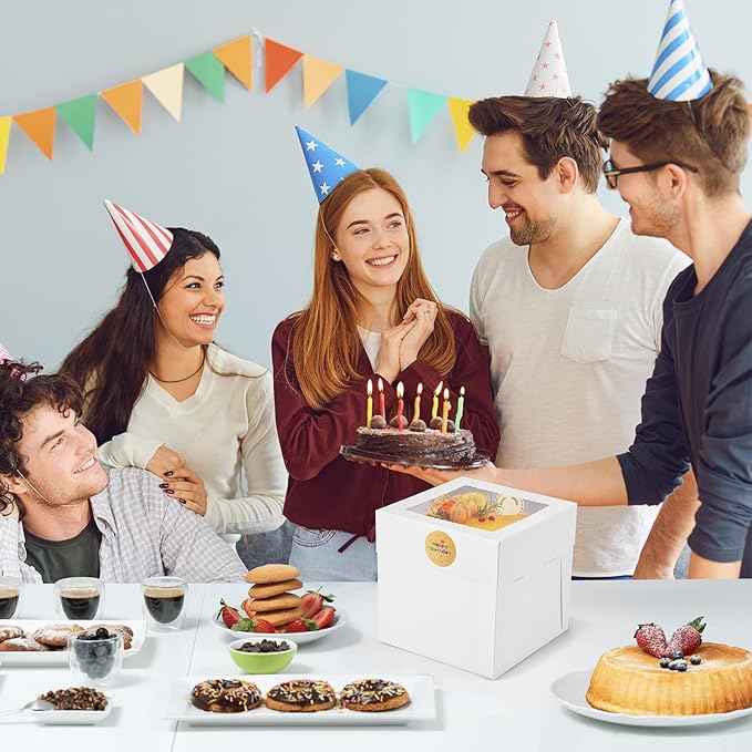 12Pcs 8x8x8 Inches Cake Boxes, White Square Bakery Boxes with Window, Disposable Cake Carrier Container for Pastries, Pie, Cookies, Chocolates, Cupcakes, Birthday Party, Wedding