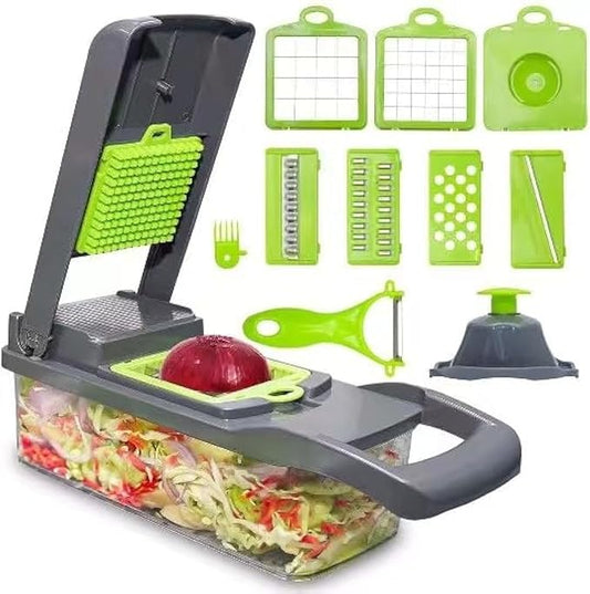 Multifunctional Vegetable Chopper - 16 in 1 Food Chopper With 8 Blades, Slicer, Dicer, Cutter for Onions, Carrots and More - Container Included (Grey)