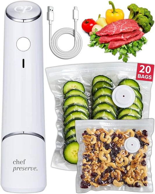 Chef Preserve Compact Vacuum Sealer for Food (Vacuum Sealer Machine + 20 Reusable Vacuum Bags) Powerful Handheld Vacuum Sealer Machine, Seal Meal Saver, Portable Food Sealer