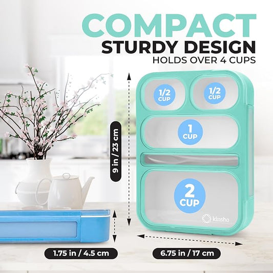 kinsho Bento Lunch-Box for Adults Kids Lunches, Portion Control Container Boxes for Women Girls Boys | Leak-proof Snack Containers, BPA-Free Utensils5 Compartments | Blue & Green 2 pack Set