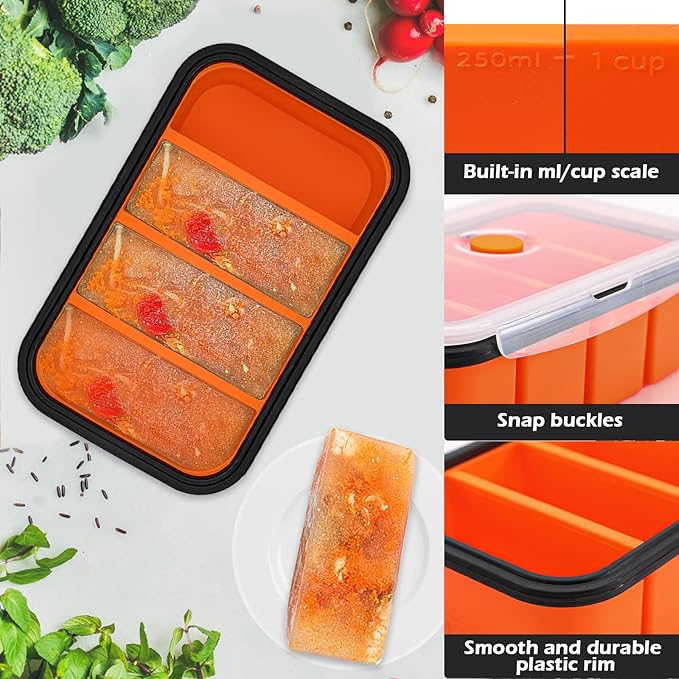 Webake Silicone Freezer Tray with Lid, Food Storage Container 1 Cup Portion, Ice Cube Tray for Soup Sauce Meal Prep, BPA Free - Orange