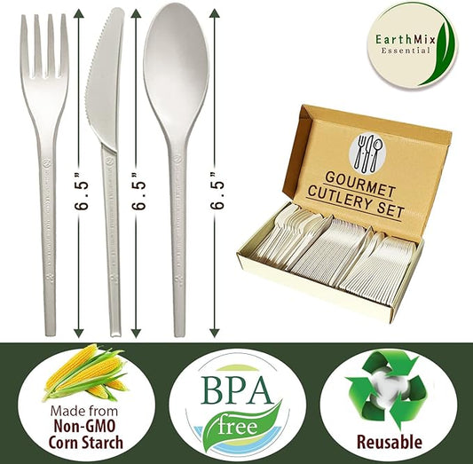 150PCS Compostable Cutlery Set – Eco-Friendly, Heavy-Duty Utensils (50 Forks, 50 Spoons, 50 Knives) – Biodegradable utensils set, Disposable Silverware for Parties, BBQs, Picnics & Daily Use