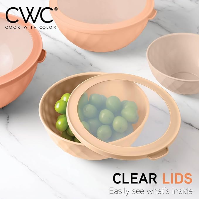 COOK WITH COLOR Mixing Bowls with Lids - 12 Piece Plastic Nesting Bowls Set includes 6 Prep Bowls and 6 Lids, Non Slip Bottom and Diamond Design - Microwave Safe (Mint)