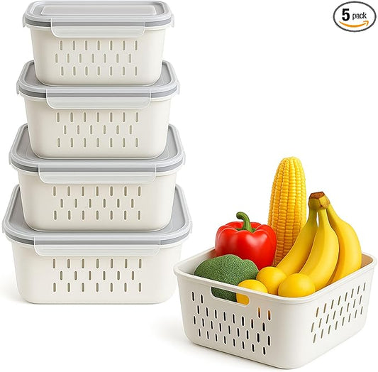 4 PCS Fruit Storage Containers for Fridge with Colanders Dishwasher Safe, Leakproof Fruit and Vegetable Storage BPA-Free Plastic, Produce Storage Keep Berry Fruit Veggie Meat Fresh