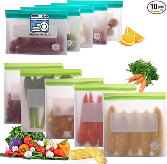 Reusable Silicone Food Storage Bags – 10-Pack Stand-Up, BPA-Free, Freezer, Dishwasher Safe & Eco-Friendly – 5 Gl, 5 L Bags – Airtight Leakproof Silicone Ziplock Bags for Kitchen Storage (Multicolor)