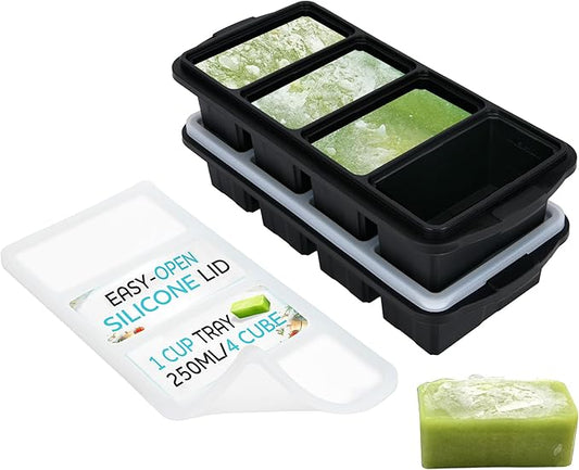 Silicone Freezer Tray With Lid - Soup Freezer Container molds - Large Ice Cube Tray- makes 8 perfect 1 cup portions cubes, 2-Pack Freezer Storage Food Soups & Meal Prep - Oven & Dishwasher -Safe