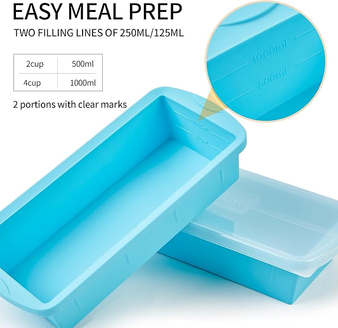 Silicone Freezer Tray with Lid 2 Pack Silicone Freezer Molds - Large Ice Cube Tray - Makes 2 Perfect 4 Cup Portions Soup Cubes Meal Prep Containers- Oven & Dishwasher Safe
