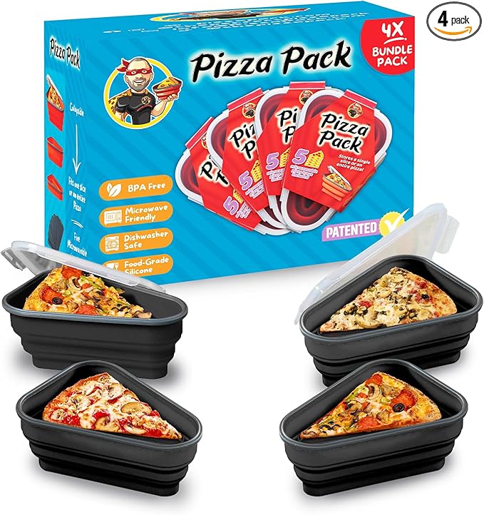 PIZZA PACK The Perfect Reusable Pizza Storage Container with 5 Microwavable Serving Trays - BPA-Free Adjustable Pizza Slice Container to Organize & Save Space, 4 Pack, Black