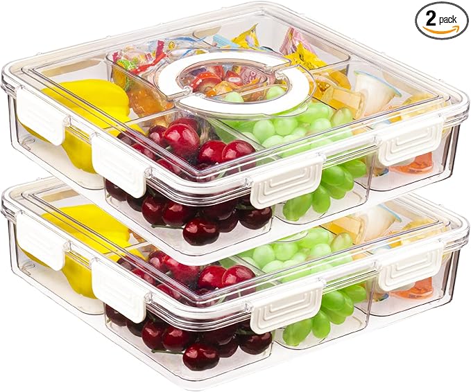 2PCS Divided Serving Tray with Lid & Handle, 6 Compartment Removable Snack Box, Kitchen Organizers and Storage, Snackle Box Container, BPA-Free Fruit Storage Container for Berry, Snack, Candy, Nuts…