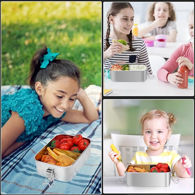 Dualshine 4 Pack Stainless Steel Bento Box 850ml Stainless Steel Containers with Lids Metal Lunch Box with Partition, 2 Spoons and Forks Lockable Clip for Leak Prevention Bento Box Adult for Travel
