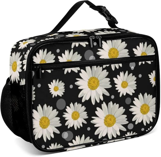 White Daisies Reusable Lunch Box Insulated Lunch Bag Cooler Bag Lunchbox Meal Food Container Tote Bag for Women Kids Girls School Camping Hiking Picnic Beach Travel