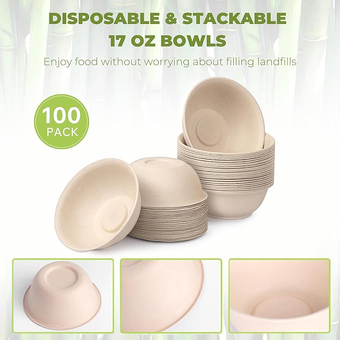 17oz Bamboo Disposable Bowls For Hot Soup, 100 Pack - Small, Heavy Duty, Microwavable, Oven Safe - Perfect for Hot Food, Meals, Acai & More - Eco-Friendly, Leak-Proof