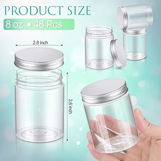 Aoriher 48 Pcs 8oz Plastic Mason Jars with Lids Round Clear Plastic Jars Containers Refillable Small Empty Storage Containers Food Canisters for Kitchen Storage(Silver)