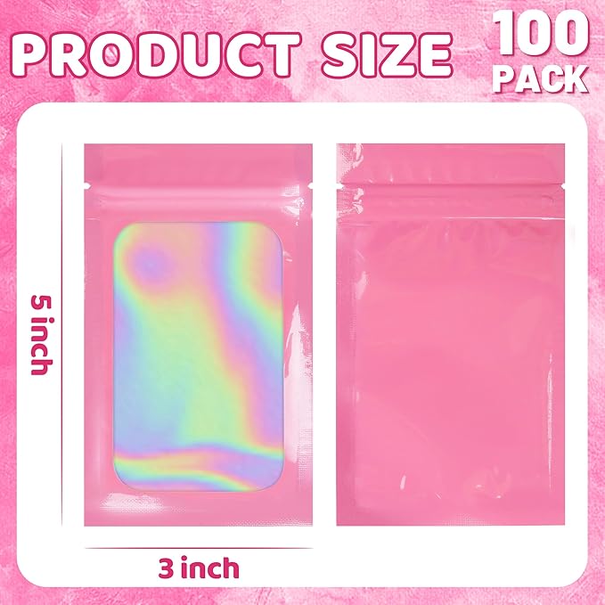 100 Pcs Holographic Bags Smell Proof Bags with Clear Window Packaging Bags for Food Storage Sealable Bags for Small Business(3×5Inch)