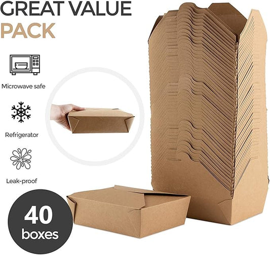 Stock Your Home Microwaveable Kraft Brown Take Out Boxes 71 oz (40 Pack) Leak and Grease Resistant Food Containers - Recyclable Lunch Box - to Go Containers for Restaurants, Catering and Parties